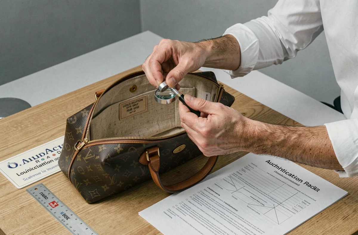 Expert en authentification examinant le stamp date code intérieur d'un sac Louis Vuitton avec une loupe