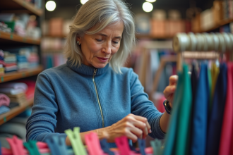 Femme examine des fermetures éclair colorées en magasin de tissus