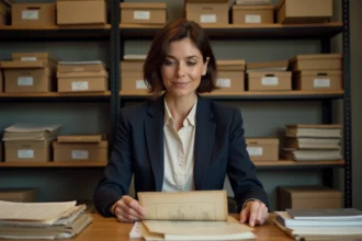 Femme d'âge moyen dans un bureau d'archives vintage