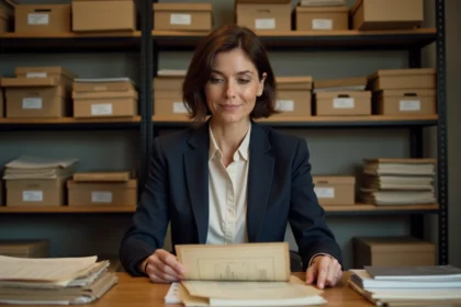 Femme d'&acirc;ge moyen dans un bureau d'archives vintage
