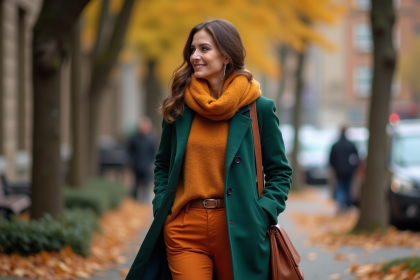 Femme élégante en manteau vert en ville automne