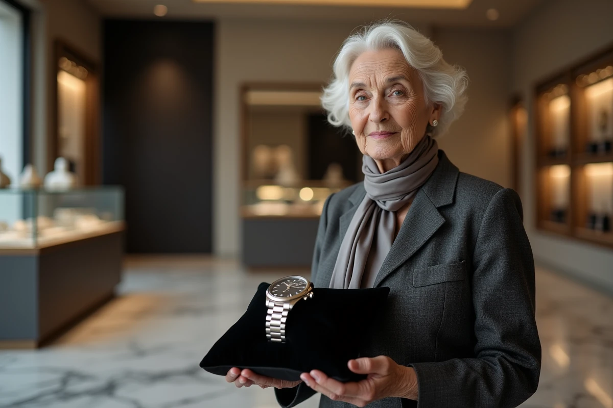 Femme &eacute;l&eacute;gante pr&eacute;sente une montre de luxe dans une boutique
