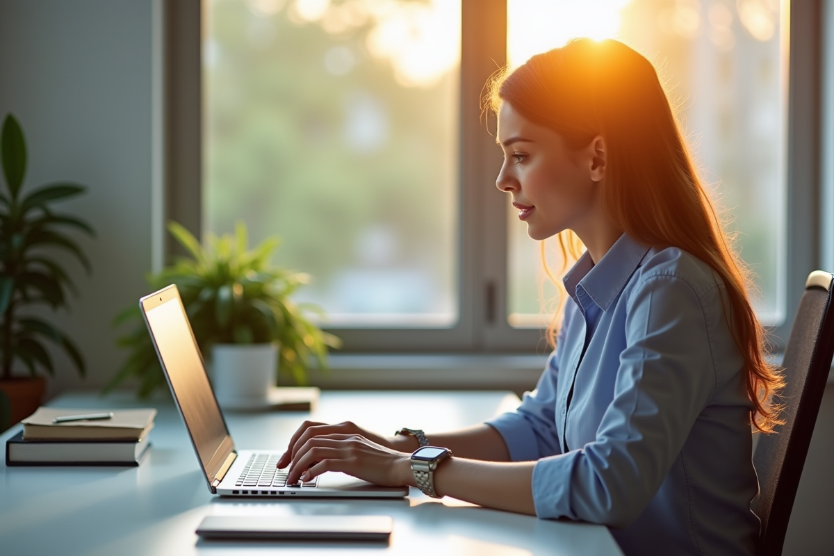 Jeune femme travaillant à son bureau avec sa montre visible