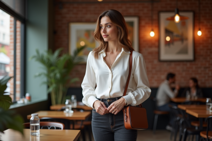 Femme élégante ajustant son sac en café urbain