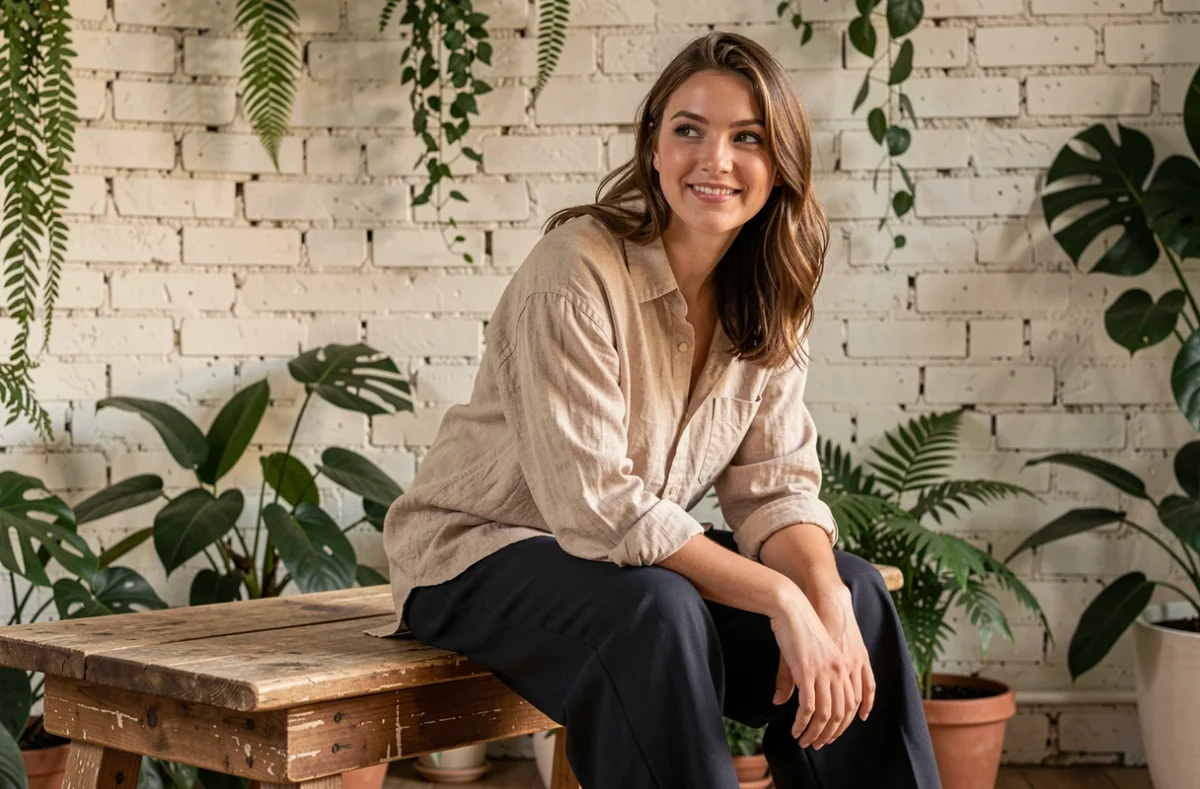 Jeune femme en chemise en lin beige assise dans un loft végétalisé, pose décontractée et naturelle pour un shooting mode 2026