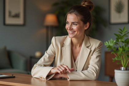 Femme élégante en blazer beige examine la couture