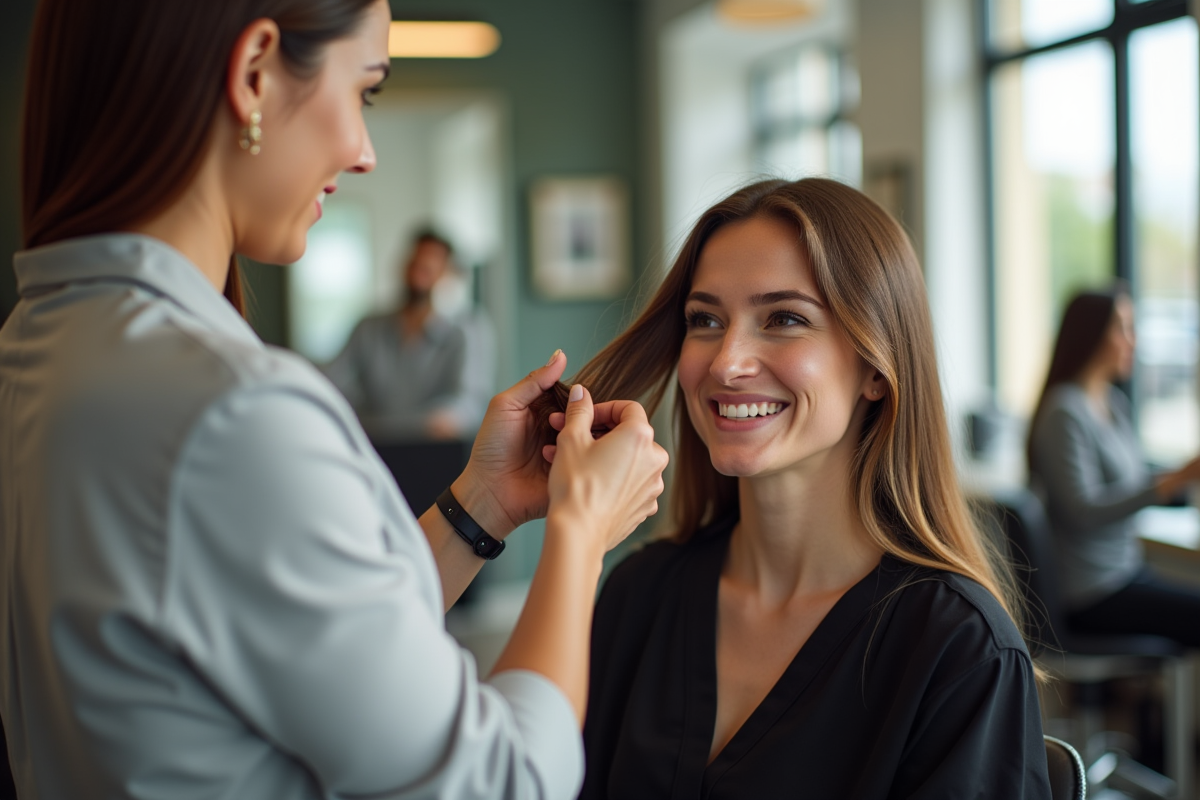 Femme souriante dans un salon lumineux en train d'être coiffée