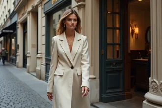 Femme élégante sortant d'un immeuble haussmannien parisien, habillée d'un manteau en laine crème, évoquant les adresses exclusives de Paris