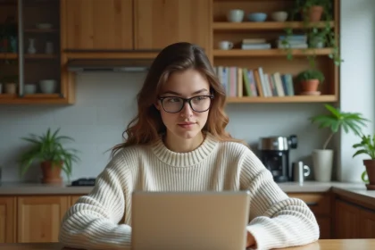 Jeune femme en sweater et lunettes &eacute;tudie sur son laptop dans la cuisine