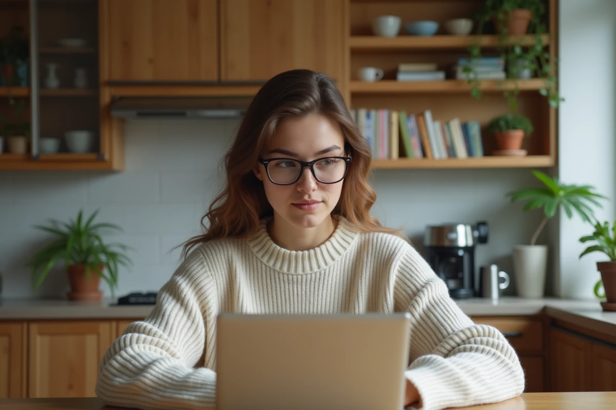 Jeune femme en sweater et lunettes étudie sur son laptop dans la cuisine