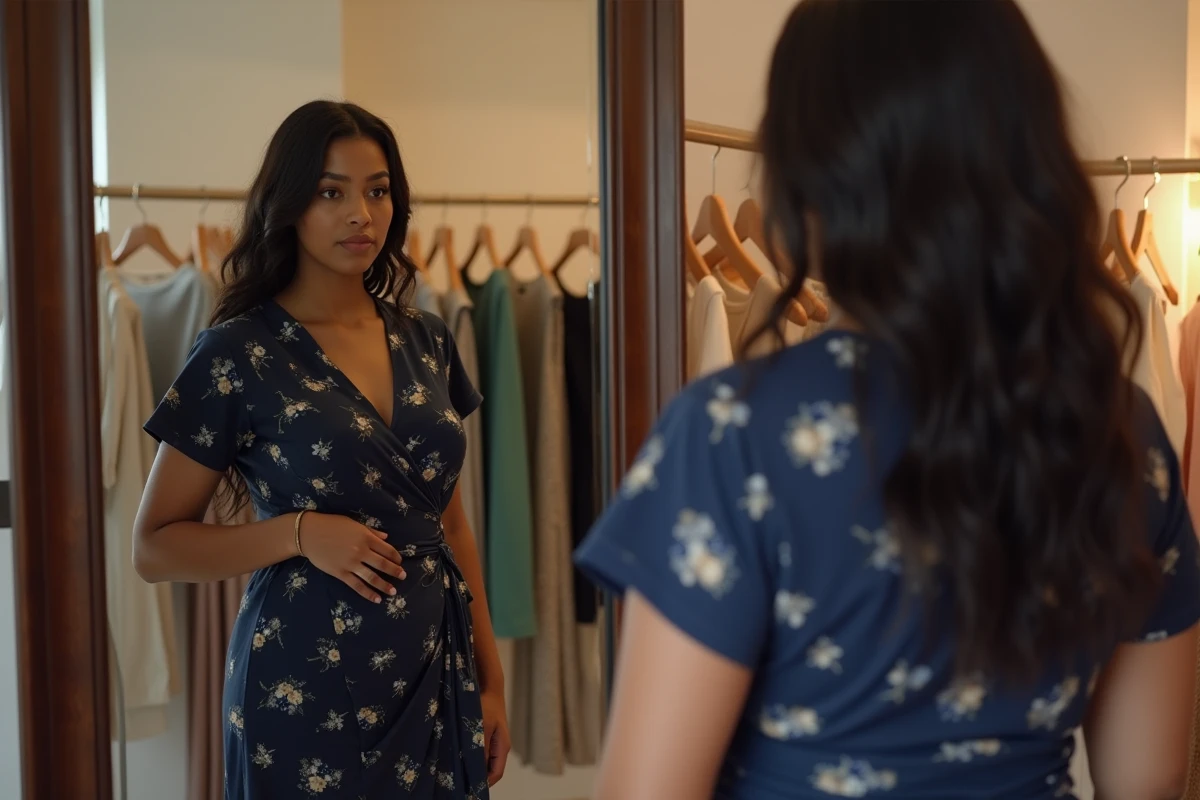 Femme grande taille se regardant dans un miroir en showroom de mode, évaluant sa silhouette pour le mannequinat