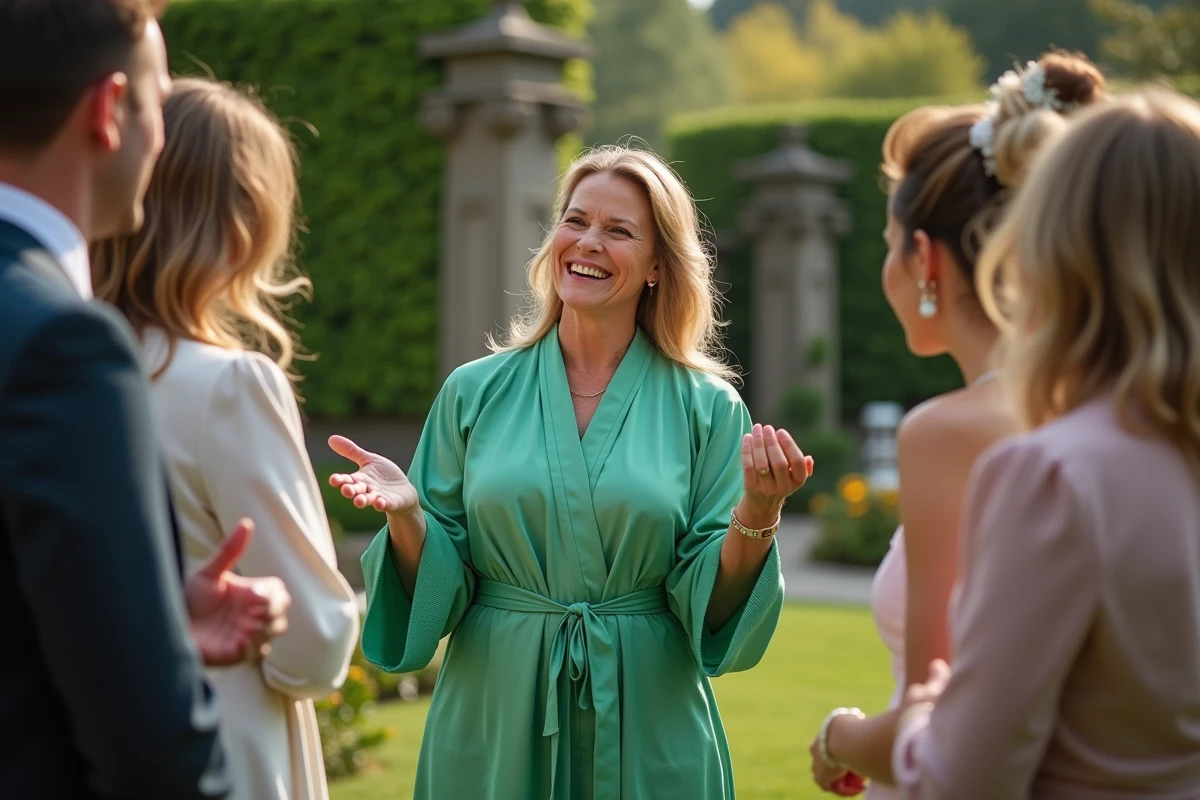 Femme en robe verte discutant dans un jardin lors d