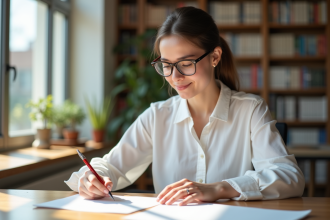 Jeune femme lisant un manuscrit dans un bureau lumineux