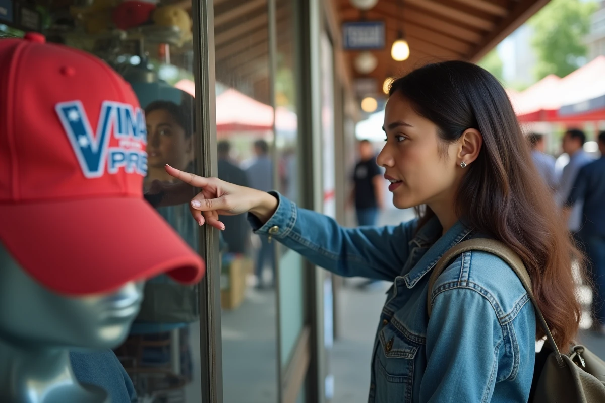 Femme inspectant une casquette Trump collector dans un marché aux puces spécialisé en objets politiques vintage