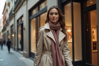 Femme élégante en trench et foulard dans une boutique haut de gamme