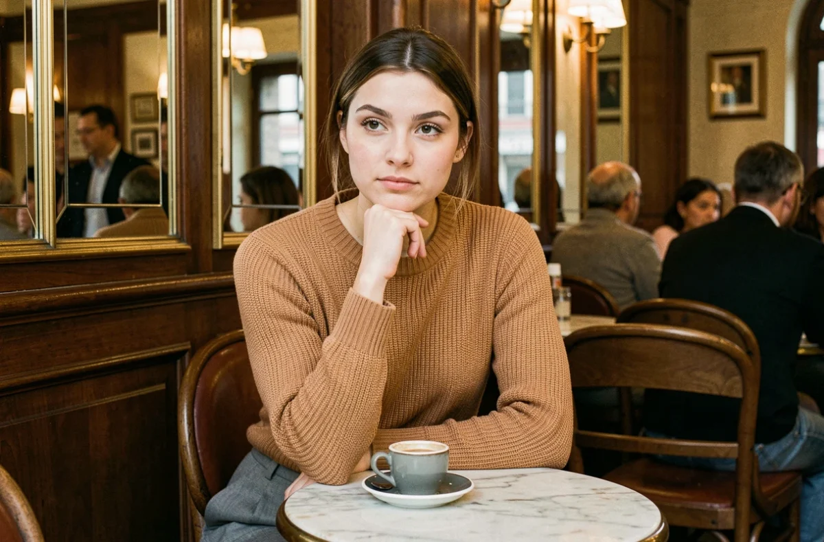 Femme posée en pull camel dans une brasserie parisienne vintage, expression introspective et style raffiné pour un article mode 2026