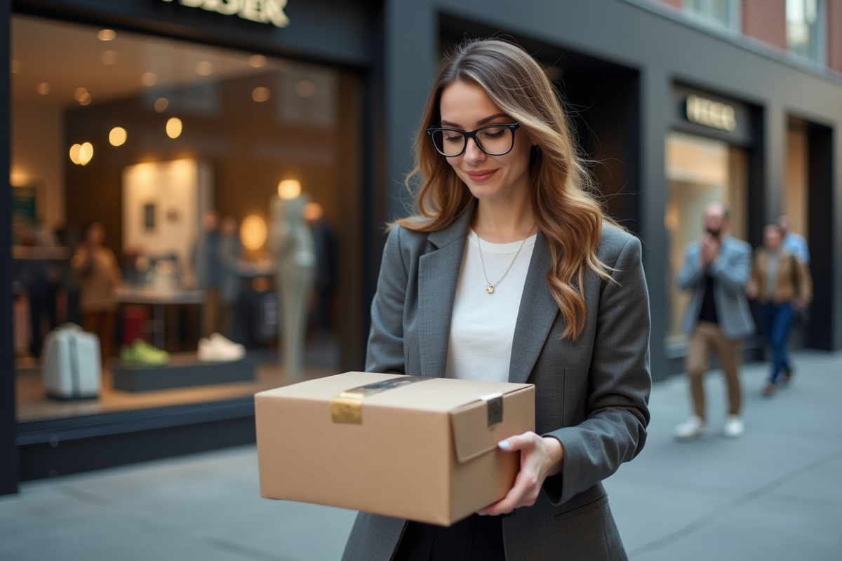 Femme vérifie livraison de sneakers devant un magasin en ville