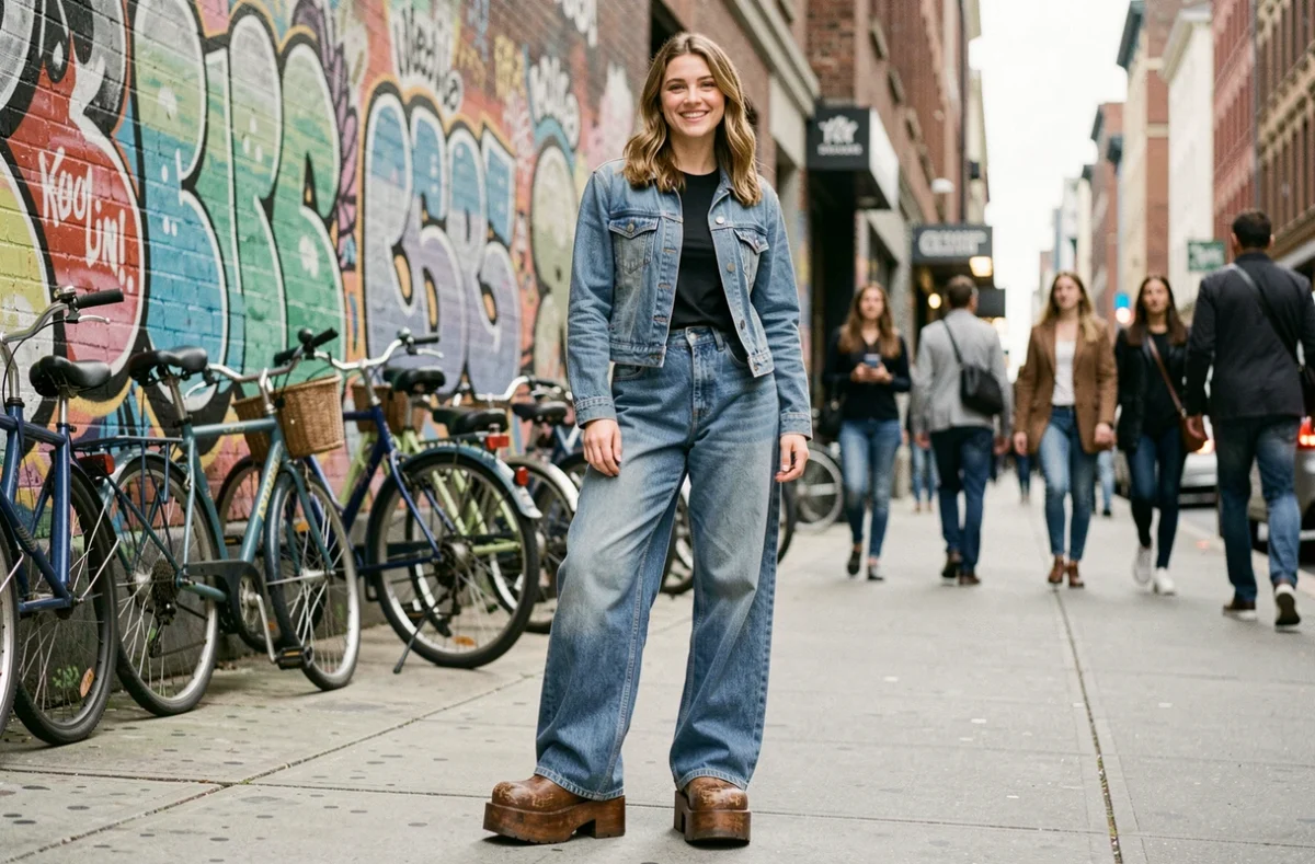 Jeune femme portant des sabots chunky tendance dans une rue urbaine animée, style mode décalée assumée et confiante