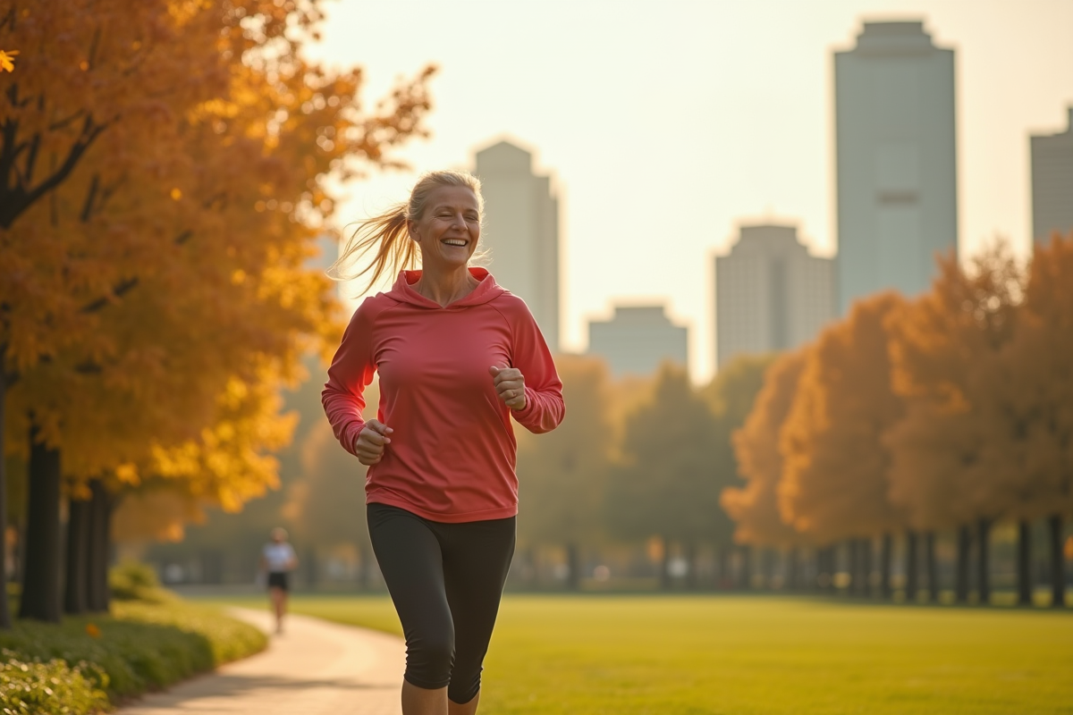 Femme senior faisant du jogging dans un parc ensoleille avec la ville en arrière-plan