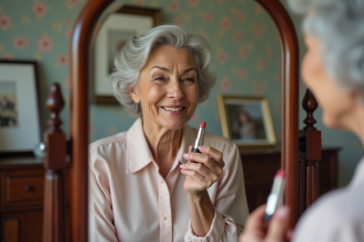Femme élégante de 60 ans se maquillant dans un miroir ancien