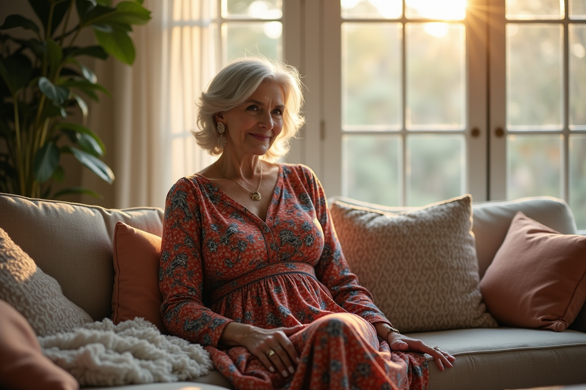 Femme de cinquante ans aux cheveux argentés dans un salon lumineux