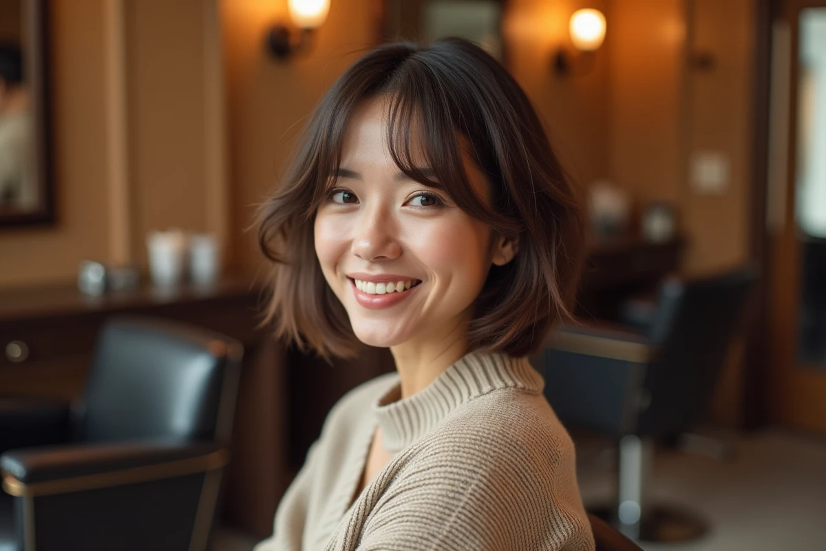 Femme souriante avec coiffure courte dans un salon chaleureux