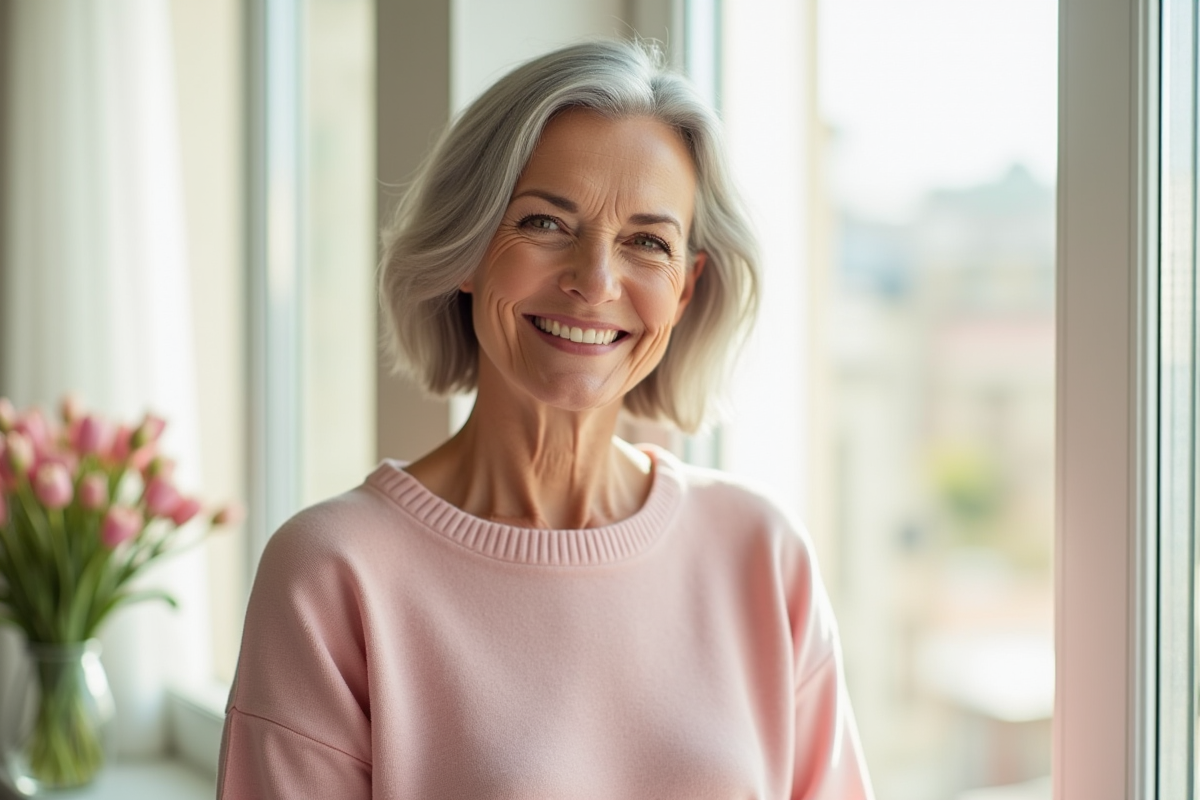 Femme souriante en pull pastel devant une fenêtre lumineuse