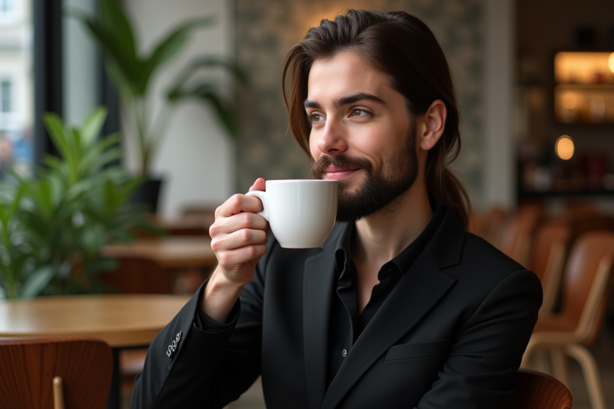 Femme élégante avec barbe dans un café moderne