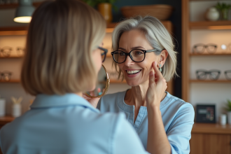 Femme souriante essayant des lunettes modernes en boutique