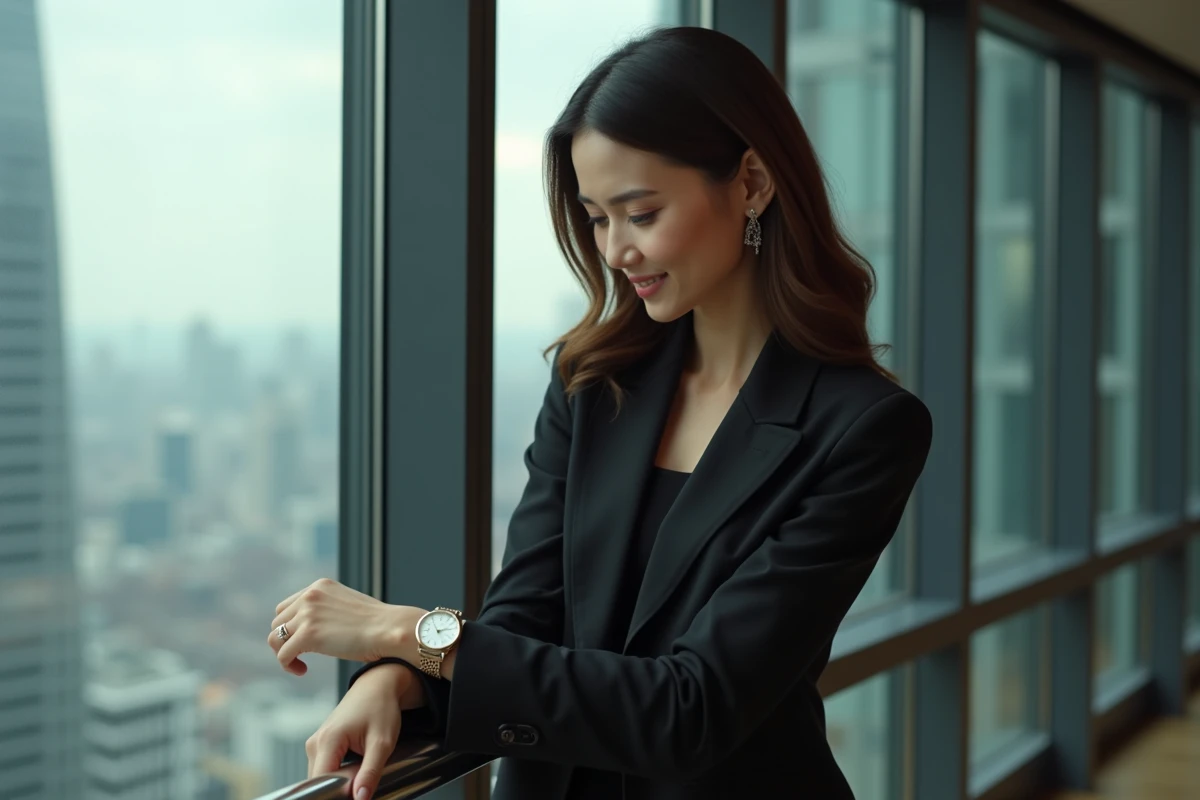 Femme moderne regardant sa montre dans un appartement urbain