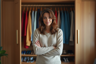 Femme devant un placard coloré en tenue décontractée