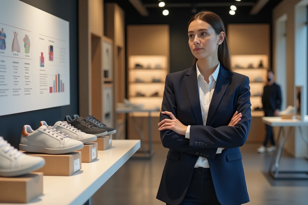Femme en blazer navy regardant des sneakers en magasin