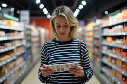 Femme tenant un carnet de vignettes Armor Lux dans un rayon d'Intermarché