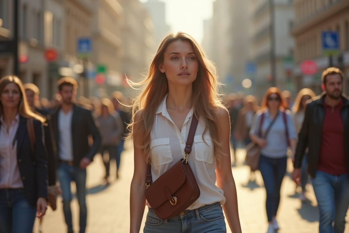 Jeune femme dans la ville portant un sac à bandoulière