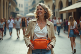 Femme d'âge moyen en tenue vintage des années 80 dans une place urbaine