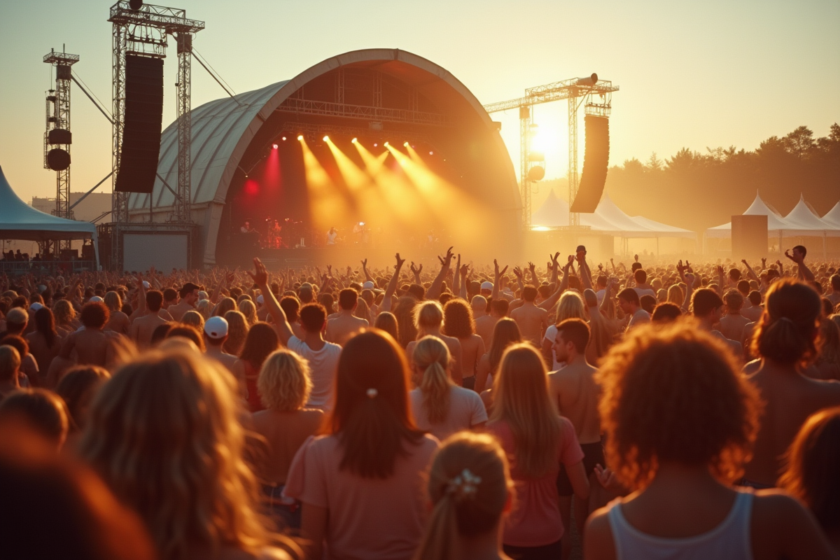 Festival de musique en plein air des années 90 avec foule joyeuse