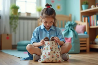 Fillette rangeant ses baskets dans un sac à chaussures tissu imprimé avant l'école