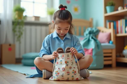 Fillette rangeant ses baskets dans un sac à chaussures tissu imprimé avant l'école