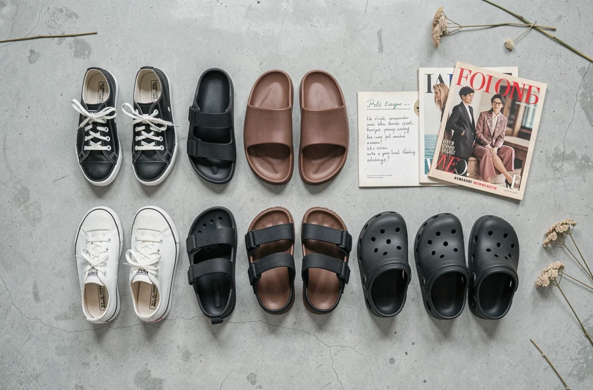 Flat lay de cinq paires de chaussures moches emblématiques sur béton, avec magazines vintage et notes de collectionneur, style éditorial tendance