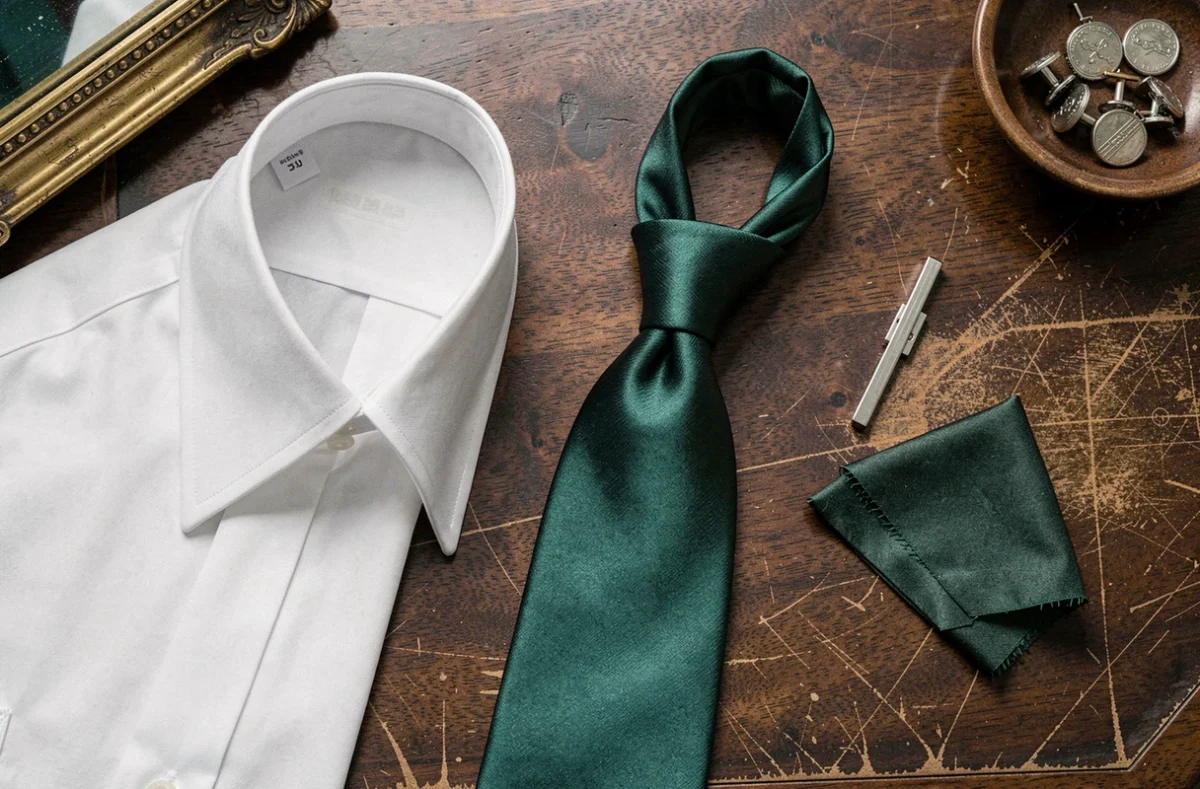 Flat lay élégant d'une cravate en soie verte en cours de nœud double Windsor sur une table en acajou, avec pochette et boutons de manchette