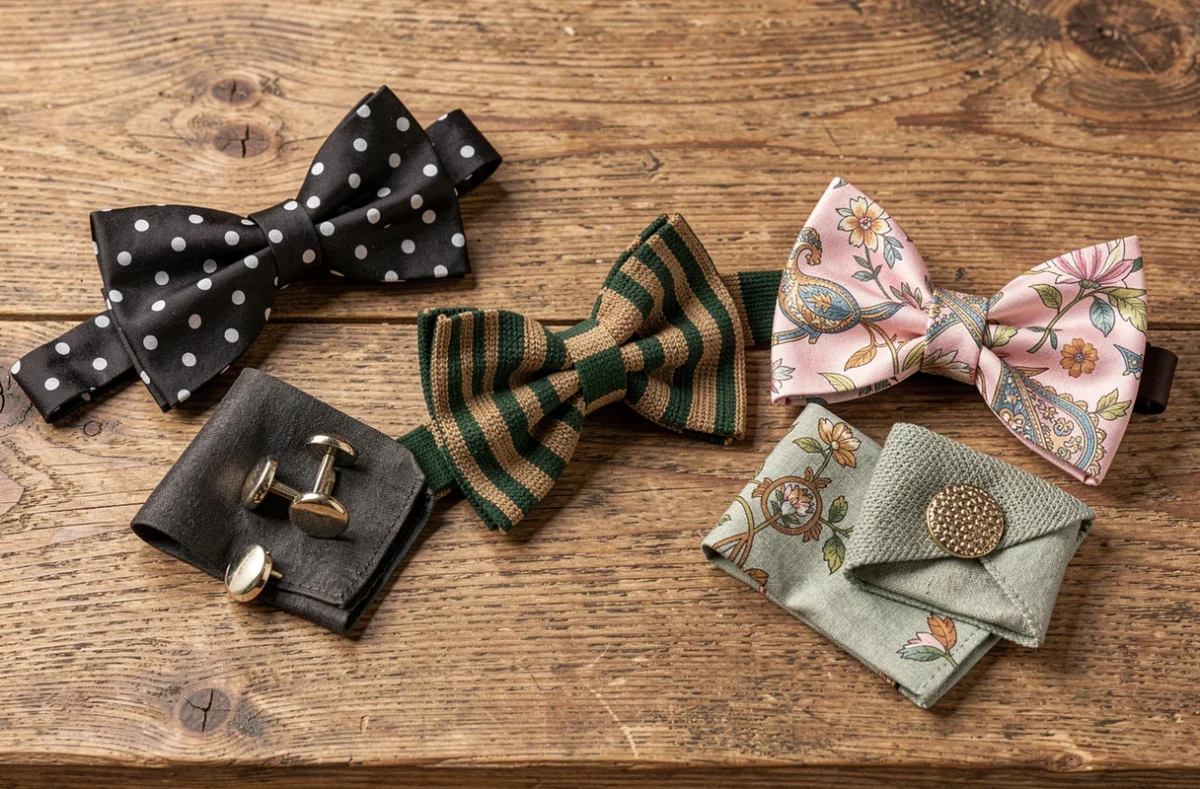 Flat-lay de trois nœuds papillons originaux assortis à leurs accessoires de costume sur une surface en bois rustique