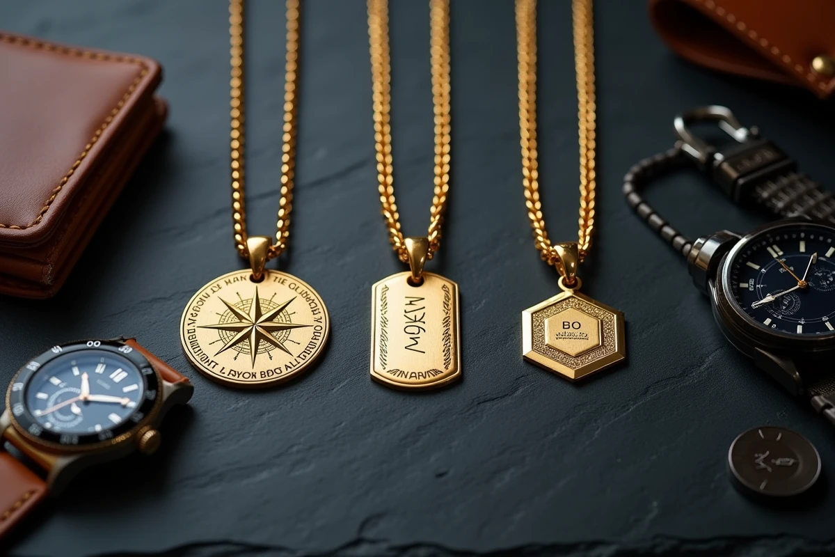 Flat-lay de trois pendentifs en or gravés pour homme avec différentes chaînes sur ardoise sombre