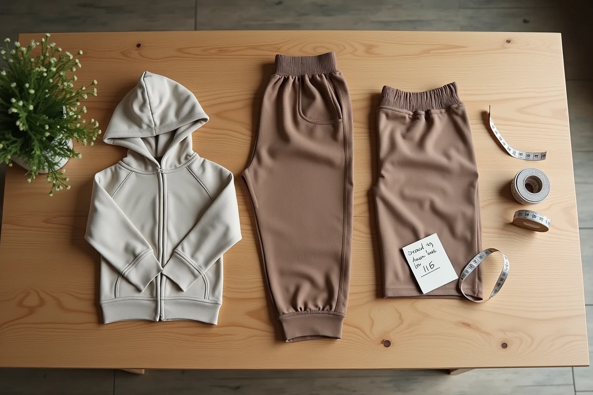 Flatlay de vêtements taille 116 pour enfant avec mètre ruban et étiquette de taille sur table en bois