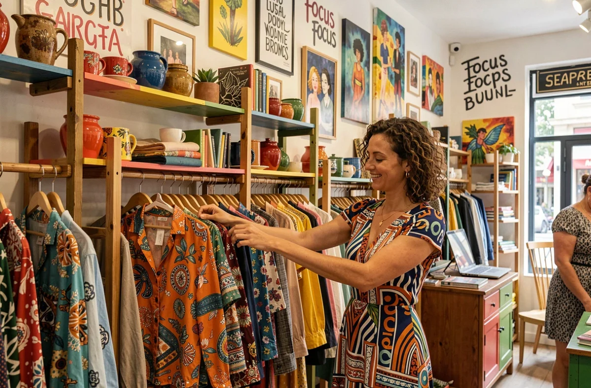 Cliente feuilletant des blouses colorées dans la boutique Focus Focus à Marseille
