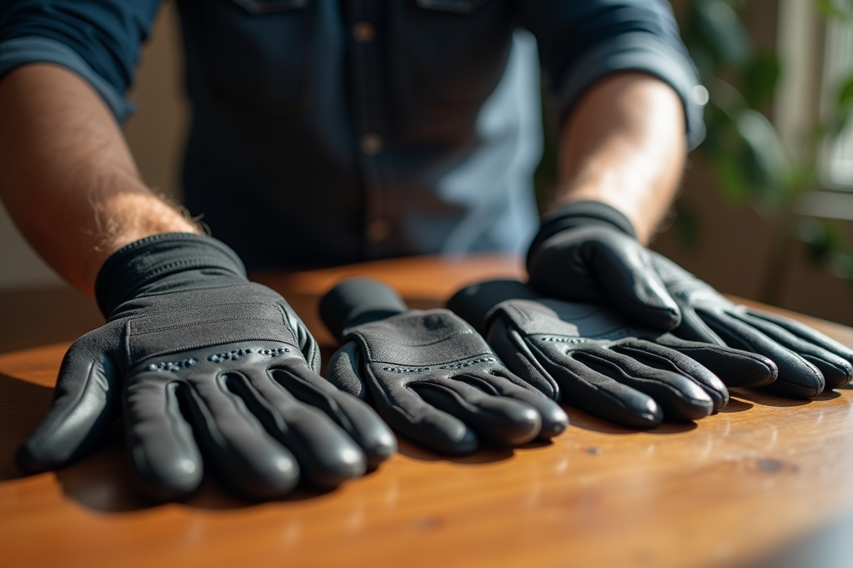 Mains avec différents gants sur une table en bois