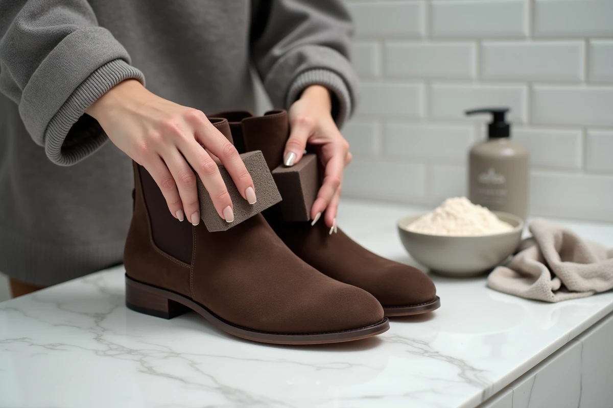 Femme utilisant une gomme spéciale pour effacer les taches sur des bottines en daim marron