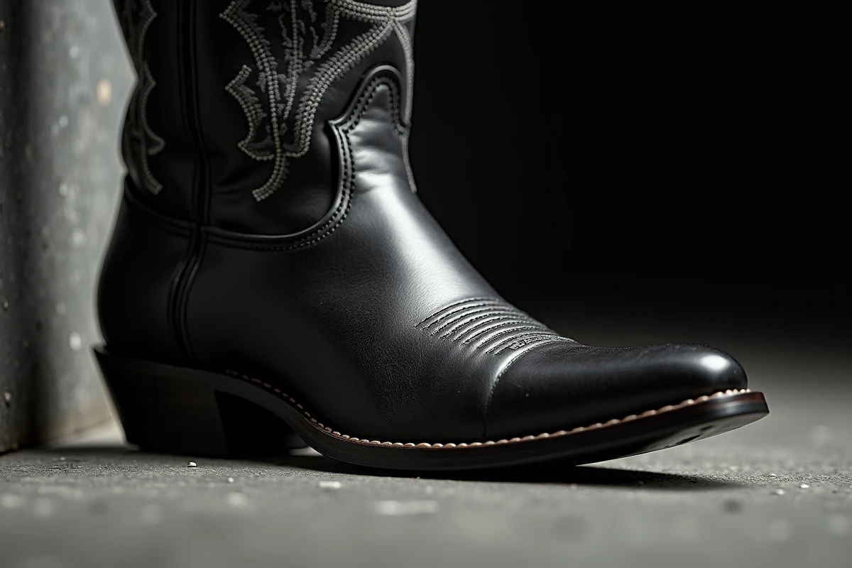 Gros plan sur les broderies et détails du cuir d'une botte cowboy noire pour homme