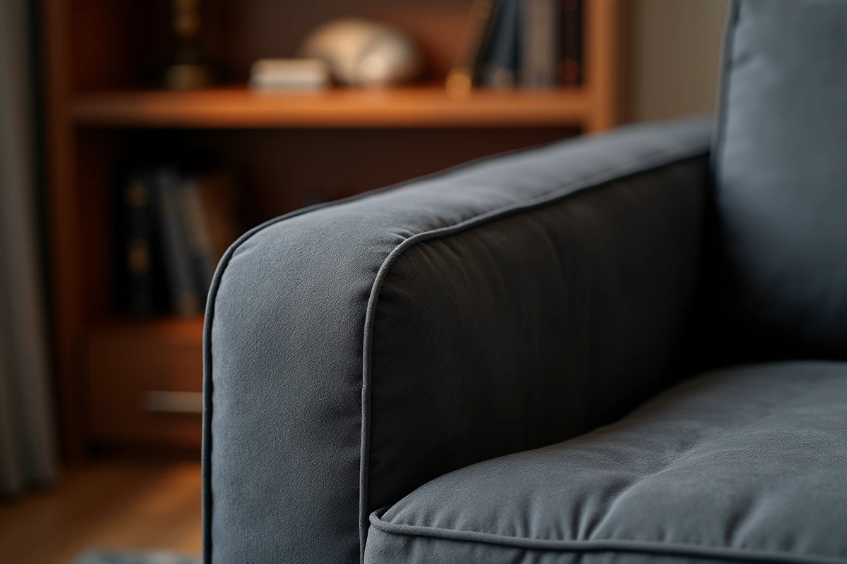 Gros plan sur la texture du tissu daim gris anthracite d'un accoudoir de fauteuil