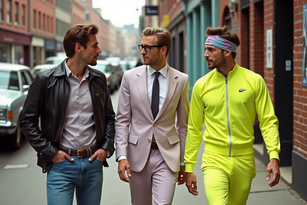 Trois hommes en tenues années 80 dans la rue