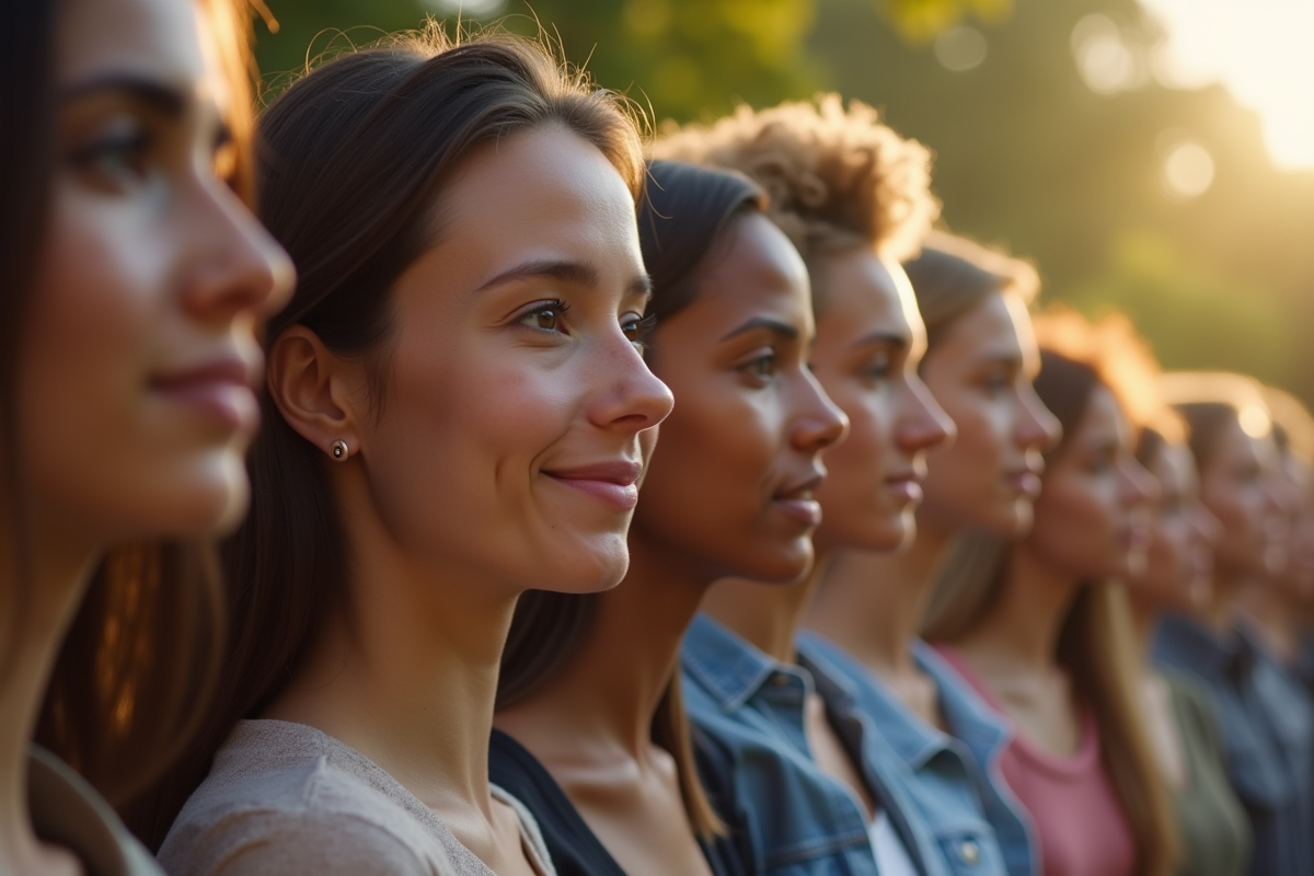 Groupe divers de personnes avec différentes formes de visage en extérieur